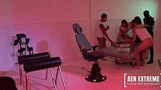 Lisa Rose, the sex doll, receives a shower of cum from four adult film actors