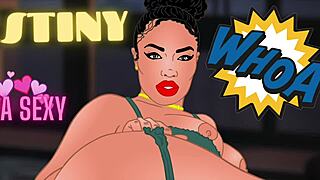 Destiny, a voluptuous ebony beauty, poses nude for an anime-inspired photo shoot, showcasing her ample assets and captivating curves.