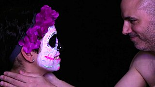 A romantic and artistic Halloween-themed encounter with a wife and amateur artist