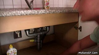 Teen brunette gives oral pleasure before riding older man's cock