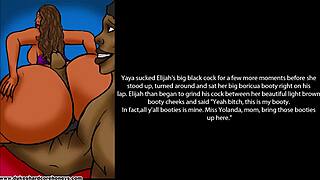 Teenager engages in sexual activity with his stepmother and a woman with a large posterior, both depicted as comic book characters