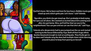 Teenager engages in sexual activity with his stepmother and a woman with a large posterior, both depicted as comic book characters