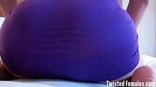 Femdom POV video of dominant woman controlling submissive's movements between her thighs