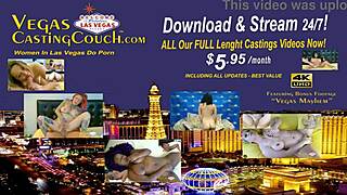 Vegas casting show featuring an ebony woman with large breasts performing anal, giving a blowjob, and getting penetrated vaginally while also engaging in bondage play