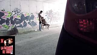He penetrates the dark-haired woman outdoors and gets them to engage in sexual activity in public