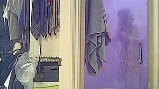Steamy shower with hairy wife, unaware of the spy