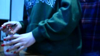 Small-titted girl gives a big-dicked guy a blowjob