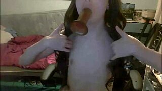 Young shemale's solo pleasure: mouth-dildoing and hand-stroking