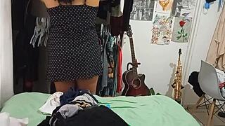 Voluptuous Mexican teacher in tanga while cleaning