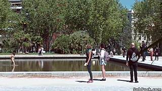 Bizarre outdoor fetish with Asian slave sucking in public