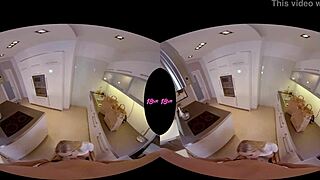 A captivating blonde teen with big breasts enjoys a kitchen VR sex experience