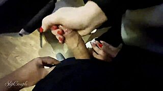 European beauty gives a wild handjob in a furniture store