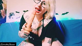Curvy blonde amateur gives a sensual blowjob with a dildo