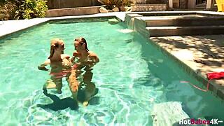 Brett Rossi and Celeste Star in outdoor pool masturbation with face sitting
