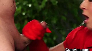 Strange sex kitten gets covered in cum while giving a blowjob