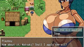 Sizzling hot oil massage scene with a busty anime girl in tanned bikini at the beach
