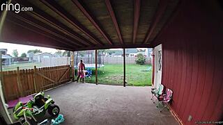 Wife's outdoor adventure on the back porch with a creampie finish
