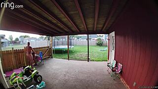 Wife's outdoor adventure on the back porch with a creampie finish