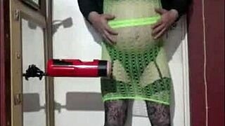Crossdresser indulges in solo pleasure with masturbation machine