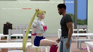 Sailor Moon's taboo tryst with two classmates while her boyfriend watches
