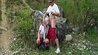 Voluptuous woman cheats with her fitness instructor in outdoor picnic
