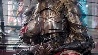 Faithful MILF in armor indulges in public ecstasy
