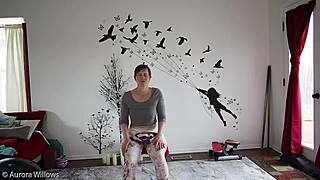 Yoga instructor gives special attention to his wife’s curvaceous body.