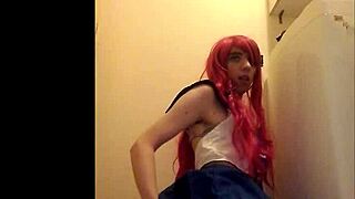 Redhead crossdresser's solo pleasure experience with self-pleasure and swallowing cum