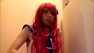 Redhead crossdresser's solo pleasure experience with self-pleasure and swallowing cum