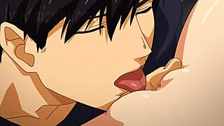 Playing with her breasts instead of the gamepad in this animated hentai movie.
