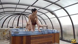 Old man’s hot and wild romp in the jacuzzi with a young woman.