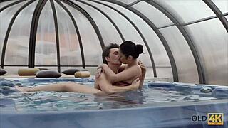 Old man’s hot and wild romp in the jacuzzi with a young woman.