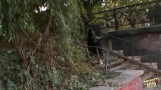 A brunette gets fingered and gives a sloppy blowjob in a casting interview outdoors.