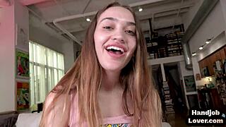 A girl with medium sized breasts gives a dirty talking handjob with oil