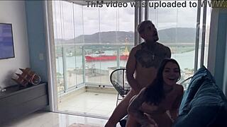 Beautiful brunette gets bodybuilder cock on couch