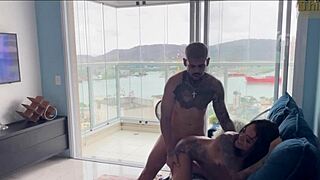 Beautiful brunette gets bodybuilder cock on couch