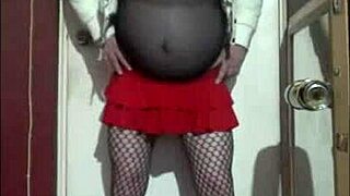Cross dressing gay masturbates with a black and yellow sex machine