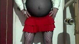 Cross dressing gay masturbates with a black and yellow sex machine