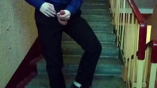 Muscular hunk’s solo performance after school in public stairway of desire