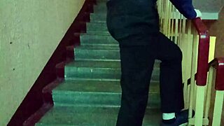 Muscular hunk’s solo performance after school in public stairway of desire