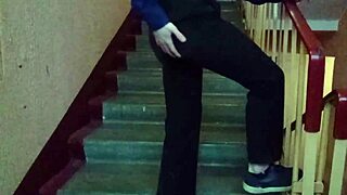 Muscular hunk’s solo performance after school in public stairway of desire