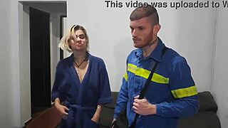 Young white girl seduces electrician with spit and blowjob