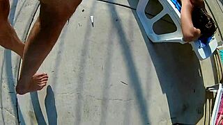 Public solo swimsuit show by a slutty amateur