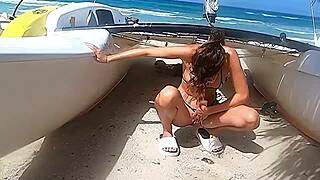 Public beach fun with an amateur couple and a big cock lover