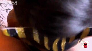 POV video of a masked slut engaging in ball sucking and cock licking