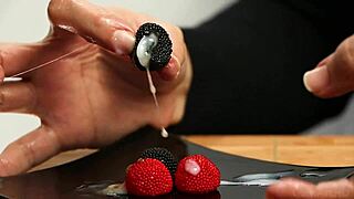 CFNM handjob with a romantic twist: cum on candy berries