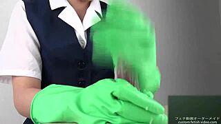 Asian beauty in latex gloves gives a sensual handjob