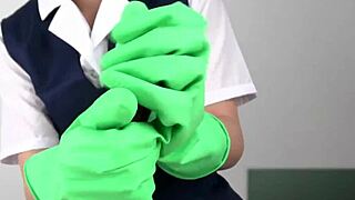 Asian beauty in latex gloves gives a sensual handjob