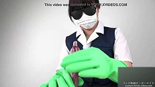 Asian beauty in latex gloves gives a sensual handjob
