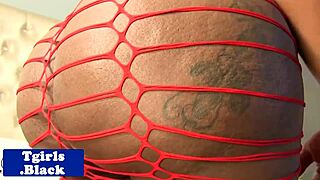 Black bigass tranny solo pleasure in fishnets and ink